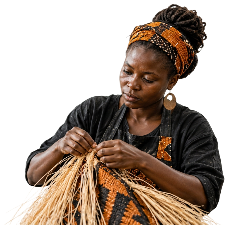 Artisane tissant le raphia à la main
