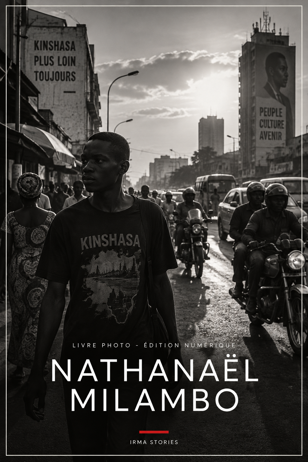 Couverture simulée du livre photo de Nathanaël Milambo, photographie en noir et blanc de Kinshasa