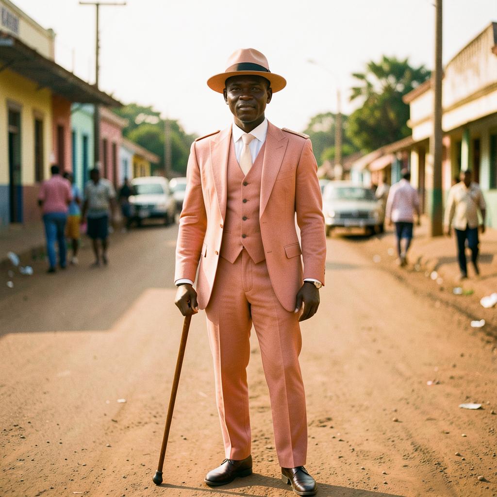 Sapeur en costume saumon et canne dans une rue de Brazzaville