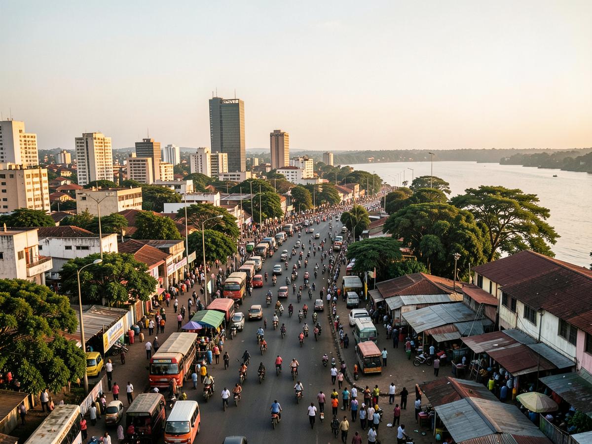 Boulevard animé de Kinshasa en fin de journée, avec le fleuve Congo en arrière-plan