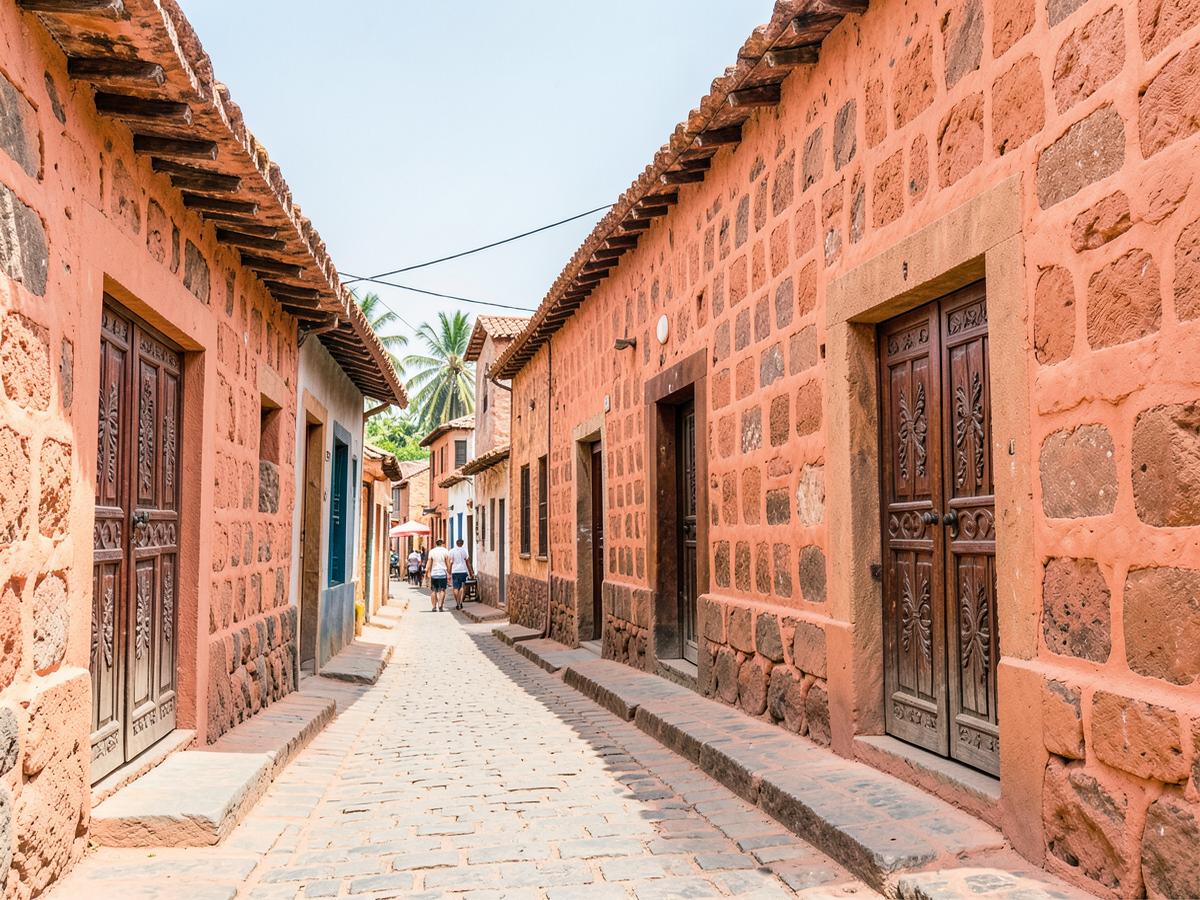 Ruelle de la vieille ville de Mombasa, murs de pierre corail et portes en bois sculpté
